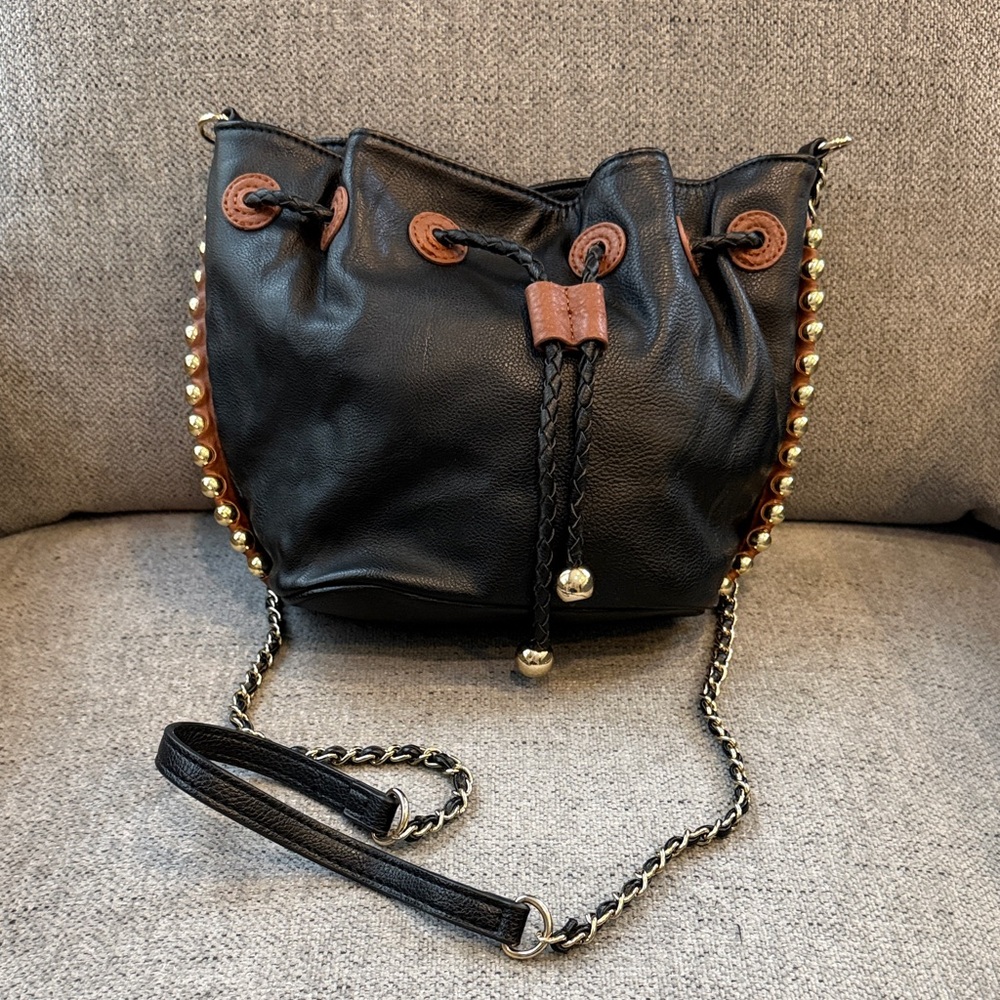 Big Buddha Stylish Black Leather Bucket Bag with Gold Accents